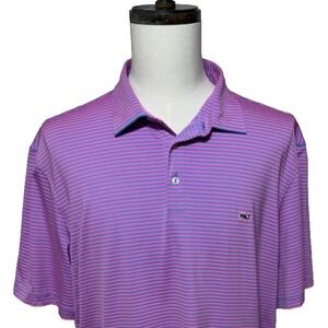 Vineyard Vine Shirt Mens XL Purple Pink Striped Performance Short Sleeve Polo